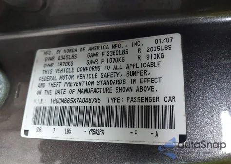 2007 Honda Accord 3.0 Ex from USA, damaged, VIN 1HGCM665X7A048795